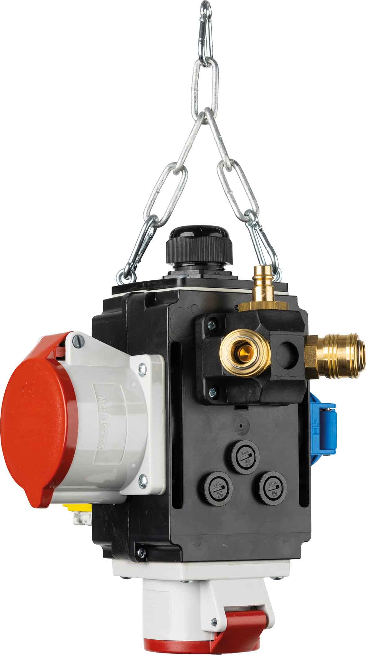 as - Schwabe MIXO Energy Cube VI DAT+ - Caja de distribución con toma Schuko, 2 tomas CEE de 5 polos, conexión de datos y conexión de aire comprimido incl. fusible - IP44 - Hecho en Alemania - Negro