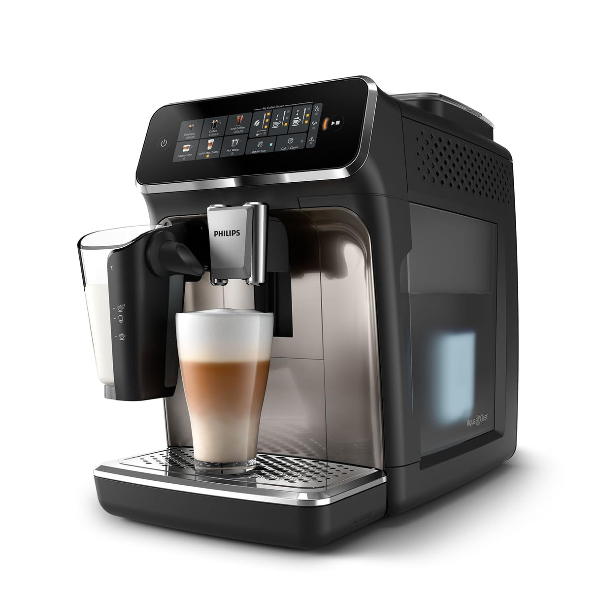 PHILIPS Serie 3300 Cafetera Superautomática - Sistema de leche LatteGo, 6 tipos de cafe, pantalla táctil, SilentBrew, Molinillo Cerámico, filtro AquaClean, Cromo negro (EP3347/90)