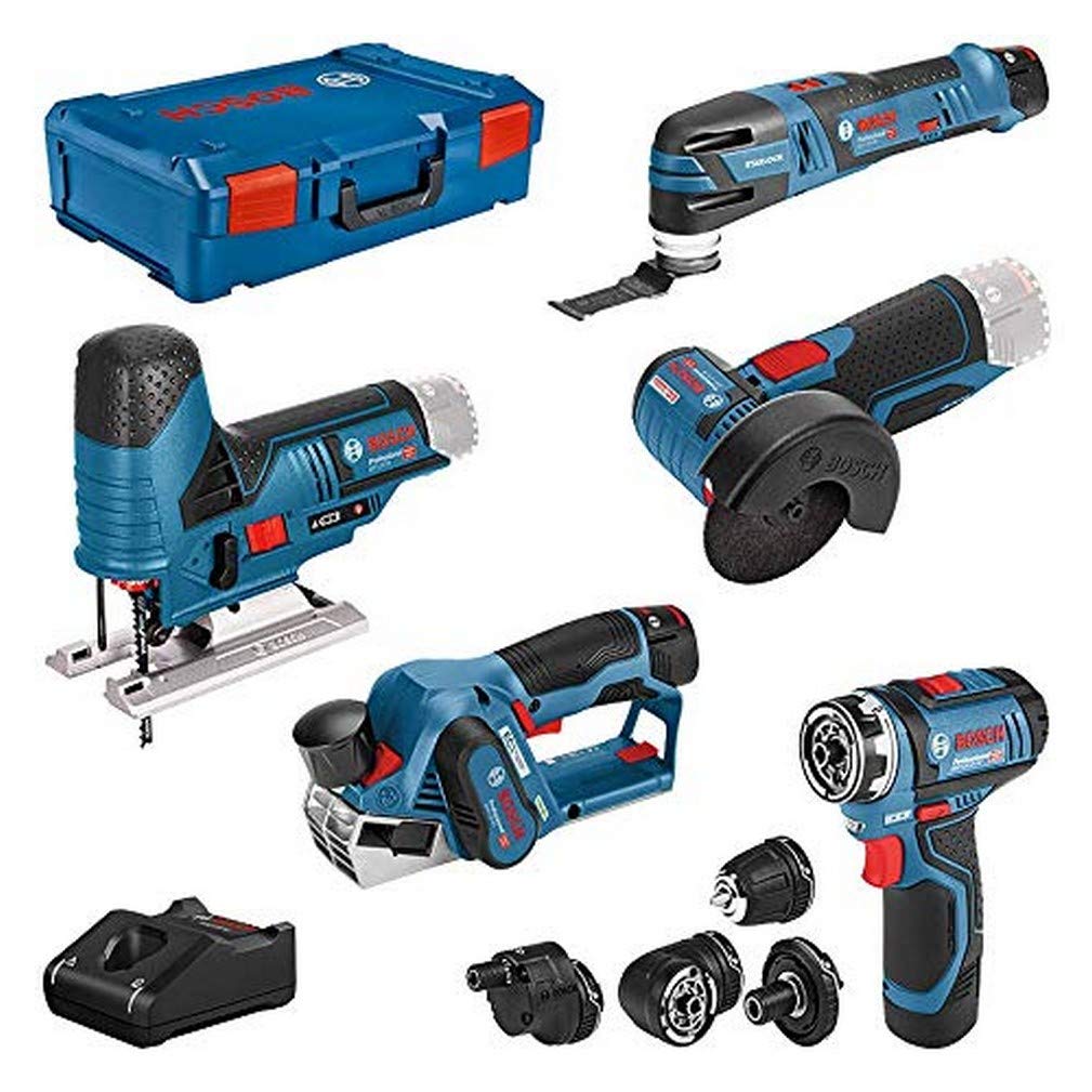 Bosch Professional 12V - atornillador GSR 12V-15 FC +cepillo GHO 12V-20 +amoladora GWS 12V-76 +sierra de calar GST 12V-70 +multiherramienta GOP 12V-28 (3 baterías, XL-BOXX)