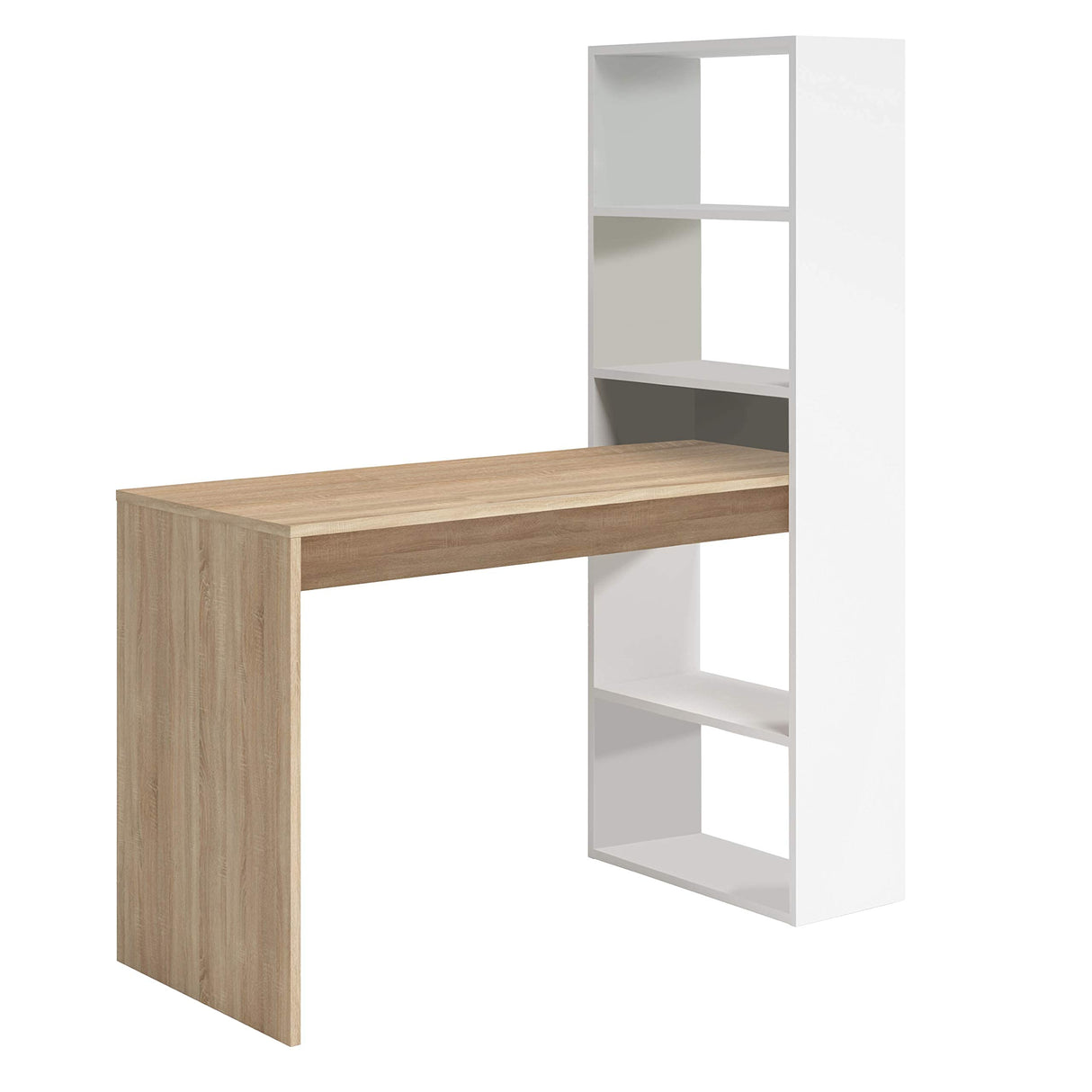 Habitdesign Escritorio con Estanteria Reversible, Mesa de Ordenador, Blanco Artik y Roble Canadian, Modelo Duplo, Medidas: 120 cm (Ancho) x 53 cm (Fondo) x 144 cm (Alto)