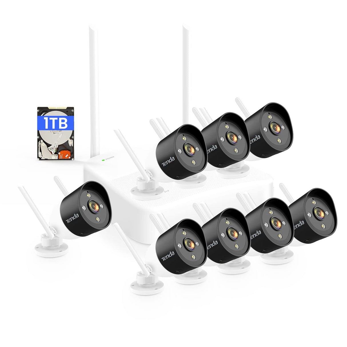 Tenda 2K Kit de Camara Vigilancia WiFi Exterior/Interior sin Cables - 8X 3MP Cámara Seguridad IP de Visión Nocturna en Color con Grabador 8CH 1TB HDD NVR CCTV, Audio Bidireccional, K8W-3TC-1T