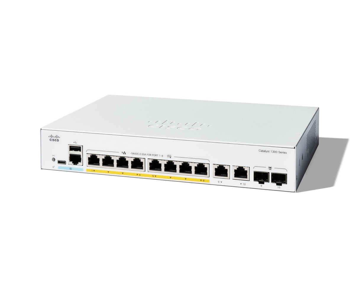 Cisco Switch administrado Cisco Catalyst 1300-8P-E-2G, GE de 8 Puertos, PoE, PS Externa, Combo GE 2x1, protección Limitada de por Vida (C1300-8P-E-2G)