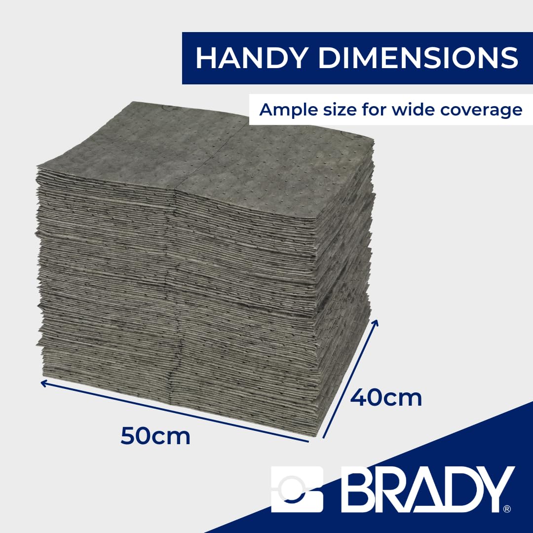 SPC® by Brady Almohadillas Absorbentes Universales – Pack de 200, 1 capa, Sellados y Perforados, 40 cm x 50 cm, Alta Absorción para Aceites, Agua, Disolventes y Refrigerantes