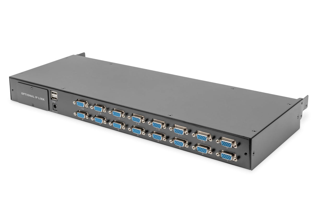 DIGITUS Consola KVM de 19" - FullHD - Conmutador VGA de 16 Puertos - Teclado GE - para armarios de Servidor y Red de 19" - Negro