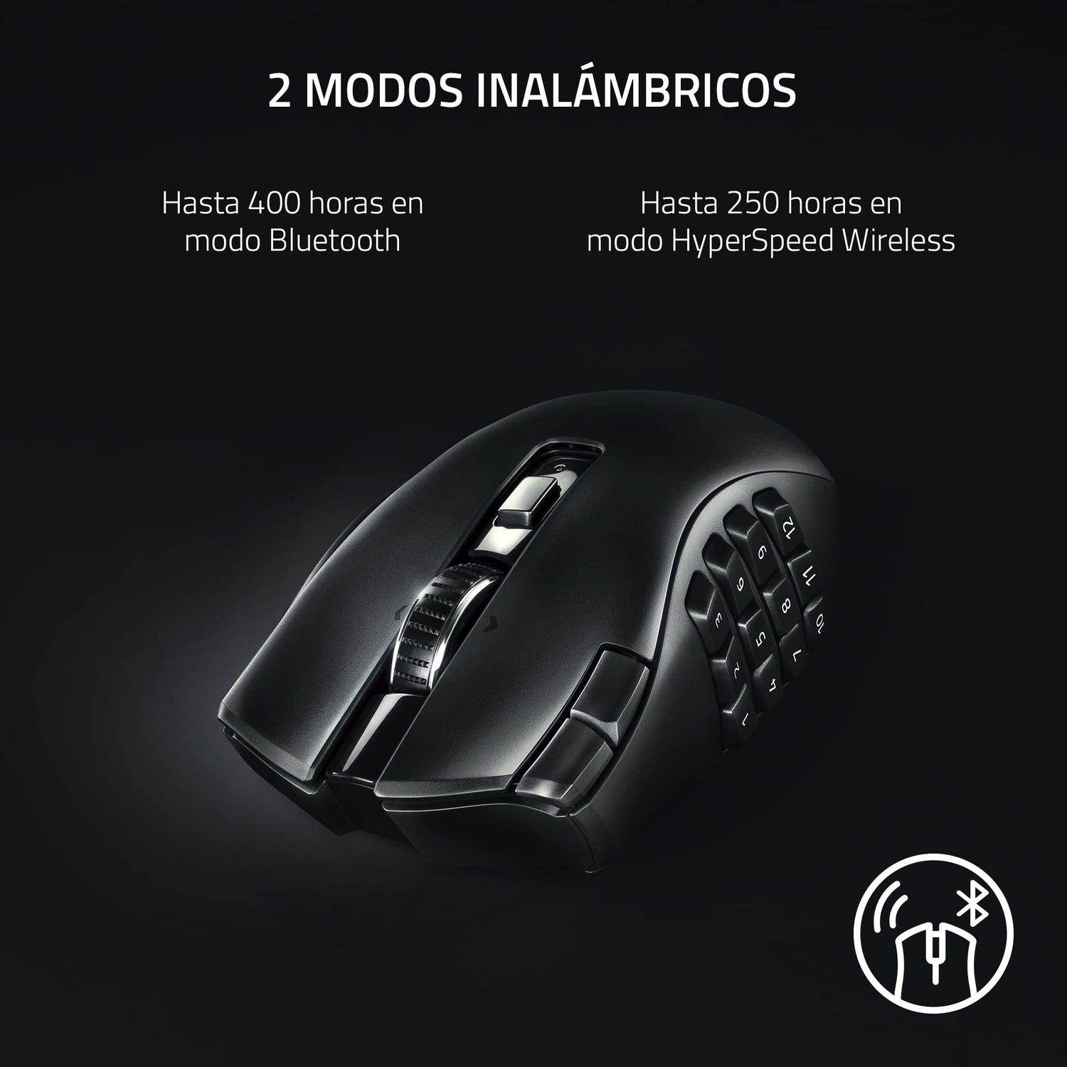 Razer Naga V2 HyperSpeed - Ratón Inalámbrico Ergonómico para Juegos MMO, 19 Botones Programables, Hyperspeed, hasta 250 Horas de Duración De La Batería, Sensor Óptico Focus Pro 30K, Negro