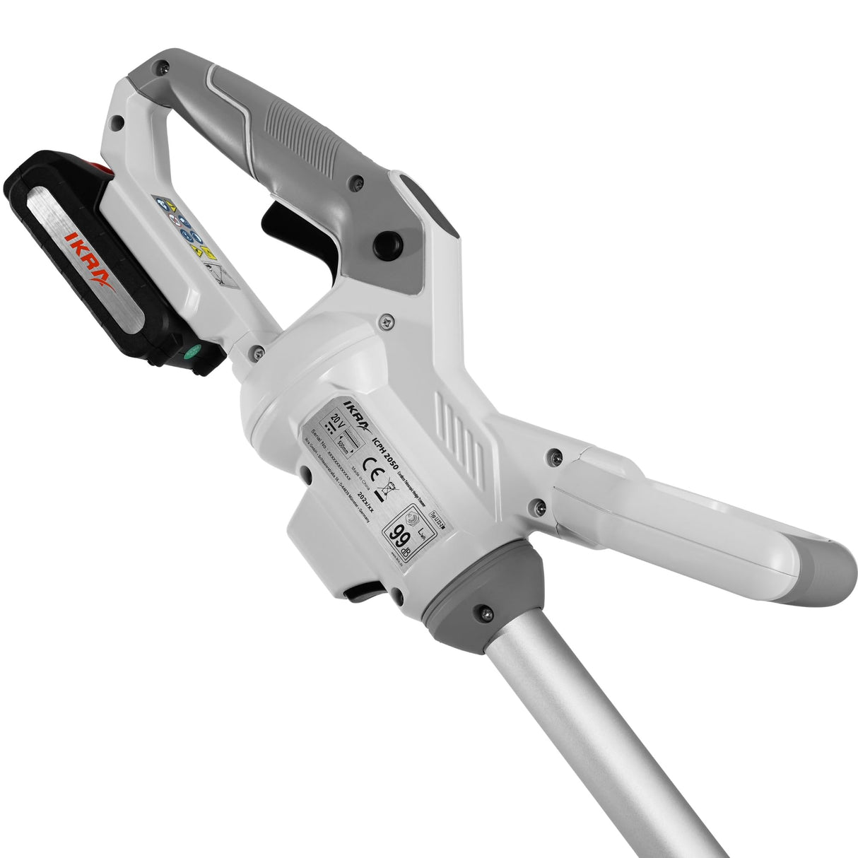 IKRA Tijeras Cortasetos 2 en 1 ICPH 2050 con pértiga telescópica para setos Altos, Incl. batería de 20V, estación de Carga y Cinta de Hombro