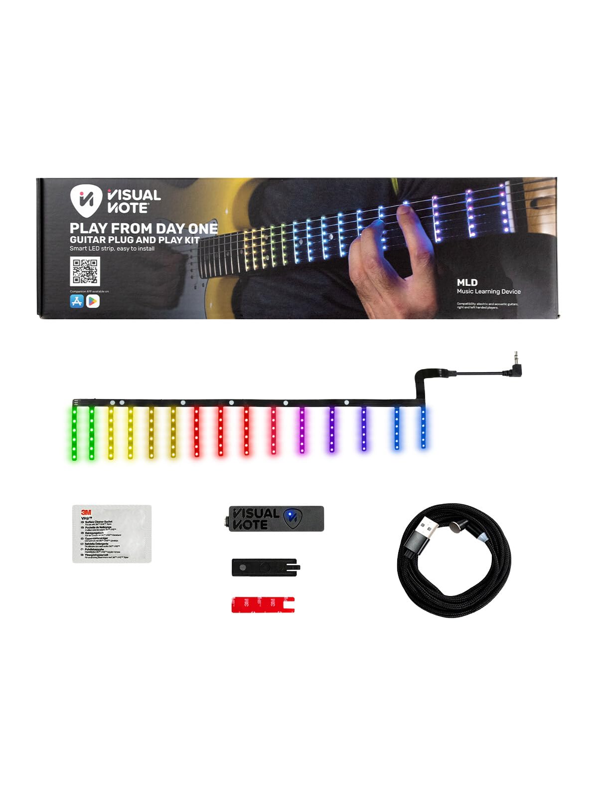 VISUAL NOTE - Kit G, dispositivo para aprender y enseñar la guitarra, compuesto por una lámina LED RGB para el teclado y una aplicación, compatible con eléctricas y acústicas a escala de 630 mm