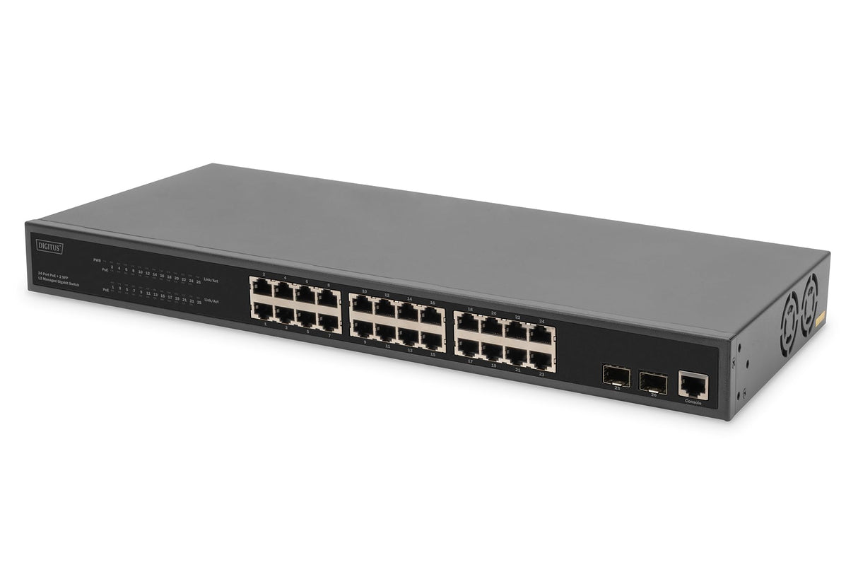 DIGITUS Conmutador de Red PoE Gigabit Gestionado de 27 Puertos - 24 Puertos RJ45 - 2 Puertos SFP - 1 Puerto de Consola - 450W PoE Presupuesto - Características L2 - 19 Pulgadas