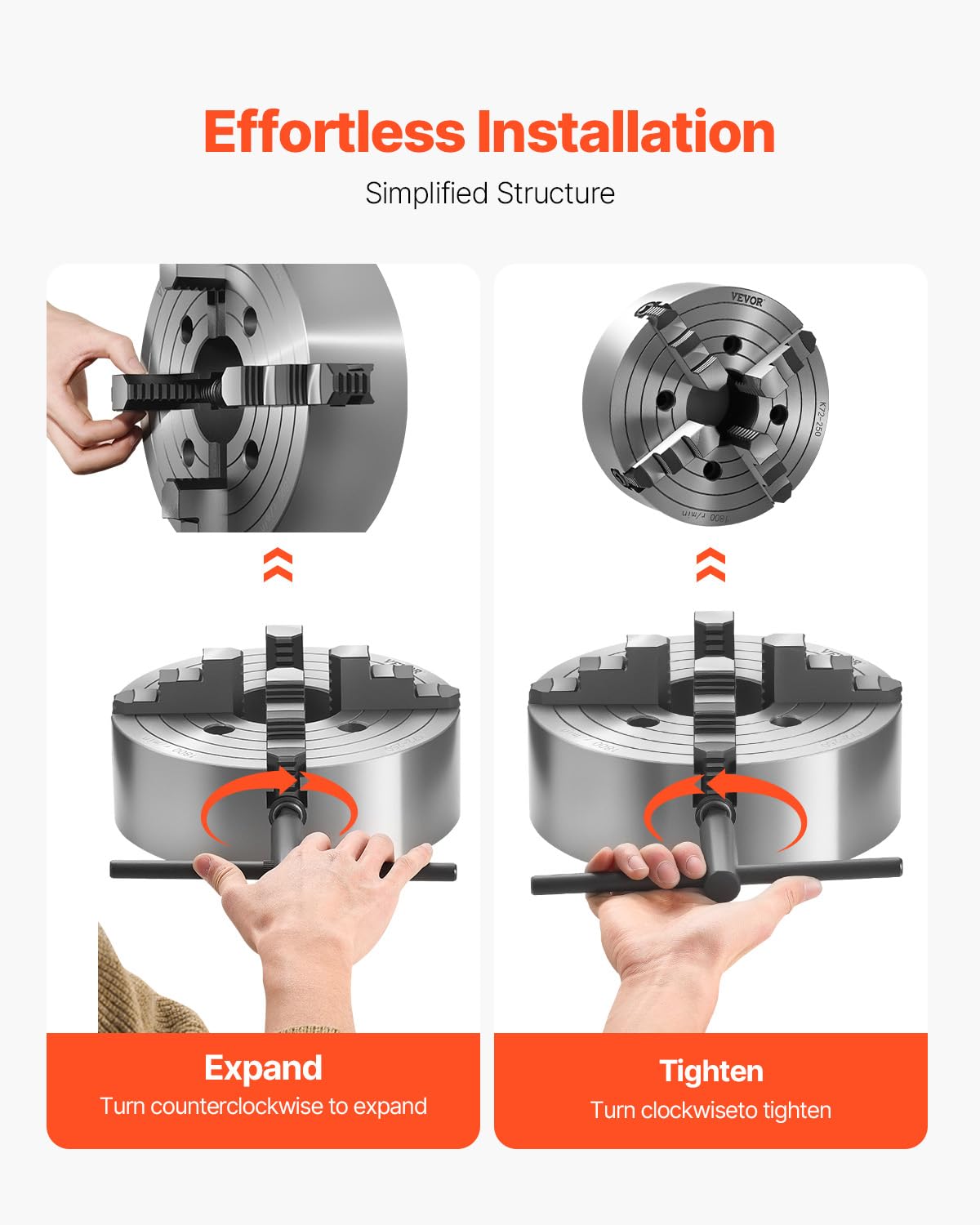 VEVOR Mandril de Torno de 4 Mordazas 25cm Autocentrante Rango de Sujeción de 15-250 mm con Tornillos de Fijación con Llave en T, Mordazas Reversibles, Interior/Exterior para Torno de Madera y Metal