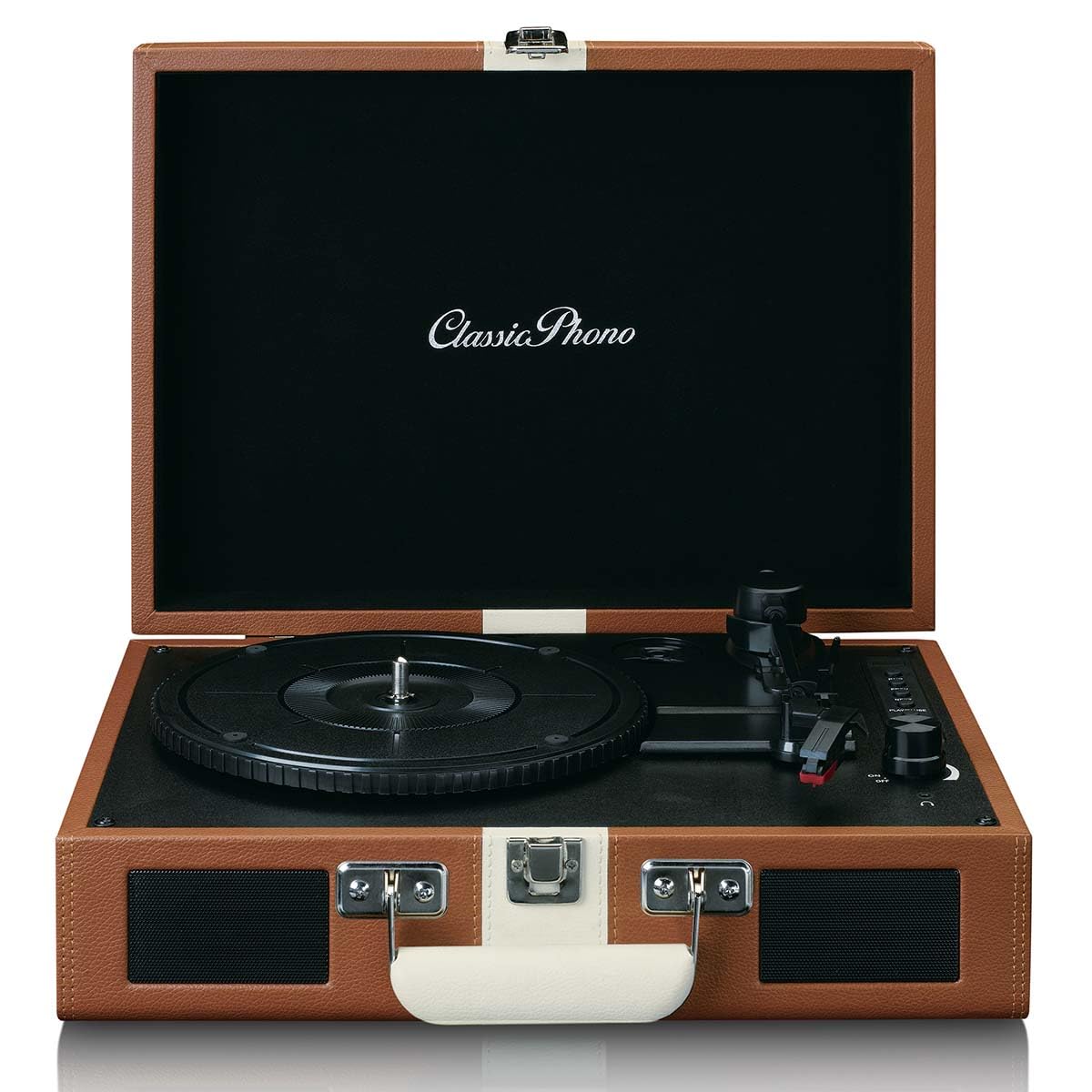 Classic Phono by Lenco TT-120 Tocadiscos - Tocadiscos con batería integrada - Bluetooth - 33, 45, 78 RPM - transmisión por correa - 2 altavoces - entrada auxiliar - salida RCA - 3,5 mm - marrón/blanco