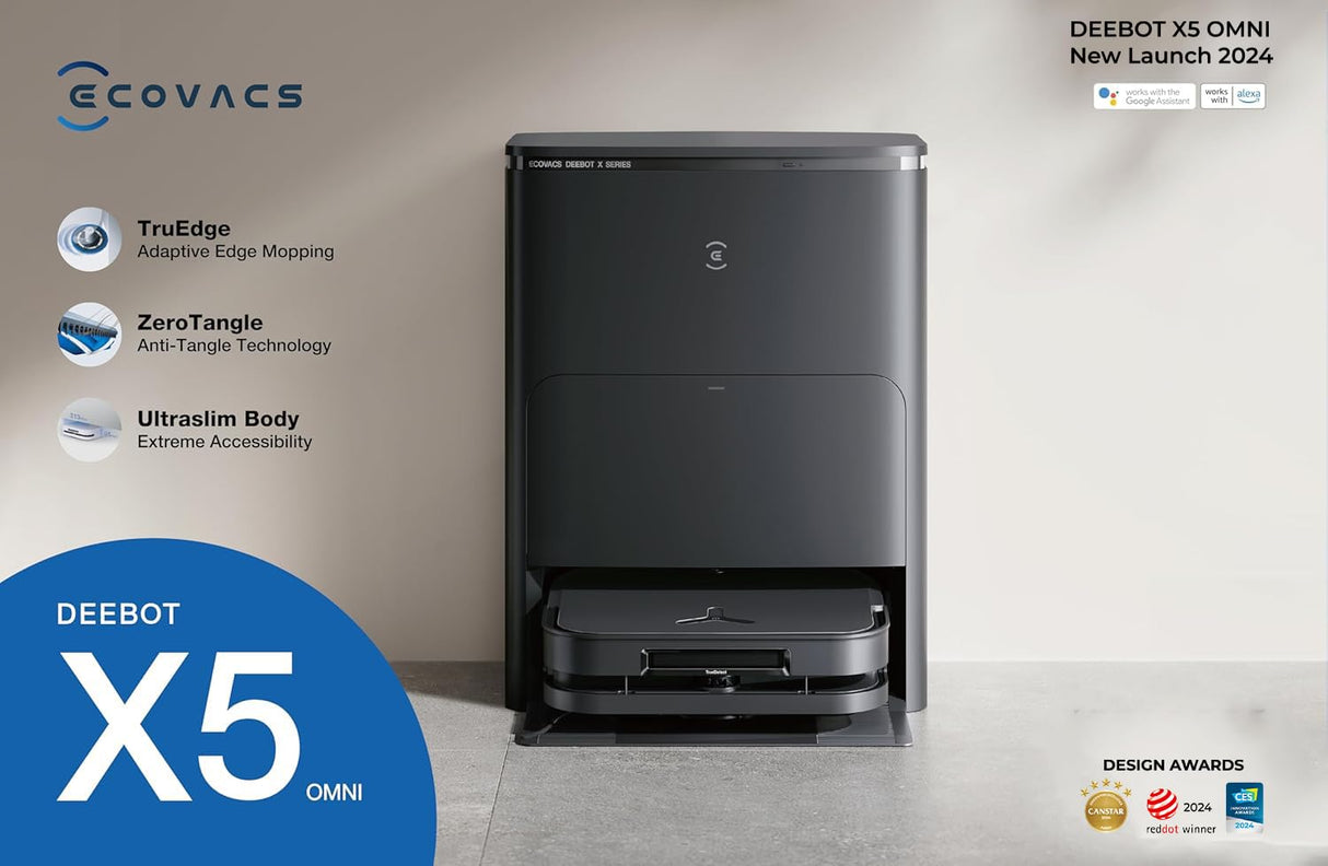 ECOVACS Robot Aspirador Lavador DEEBOT X5 Omni, Aspirador Robot con estación, 12800Pa, ZeroTangle, Limpieza húmeda adaptativa TruEdge, Lavado con Agua Caliente a 70 °C, elevación de Las Almohadillas