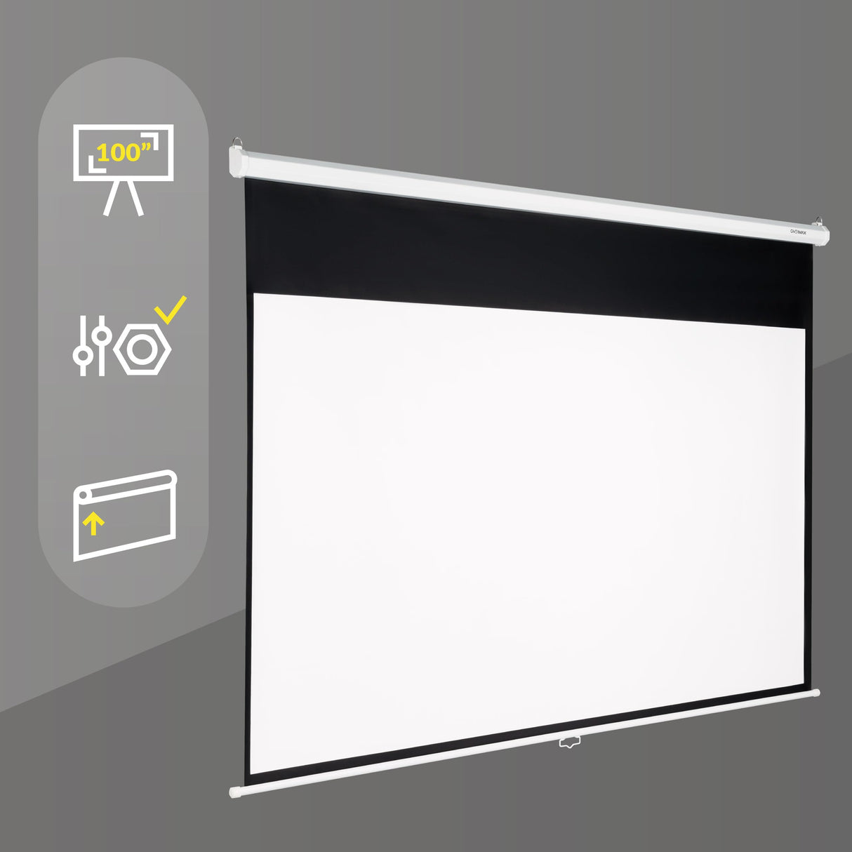 OVERMAX Screen Pantalla de proyección con trípode, Tres Patas, Ajuste de Altura de Pantalla y trípode, retracción automática de Pantalla con Resorte ((100'') 221 x 124 cm)