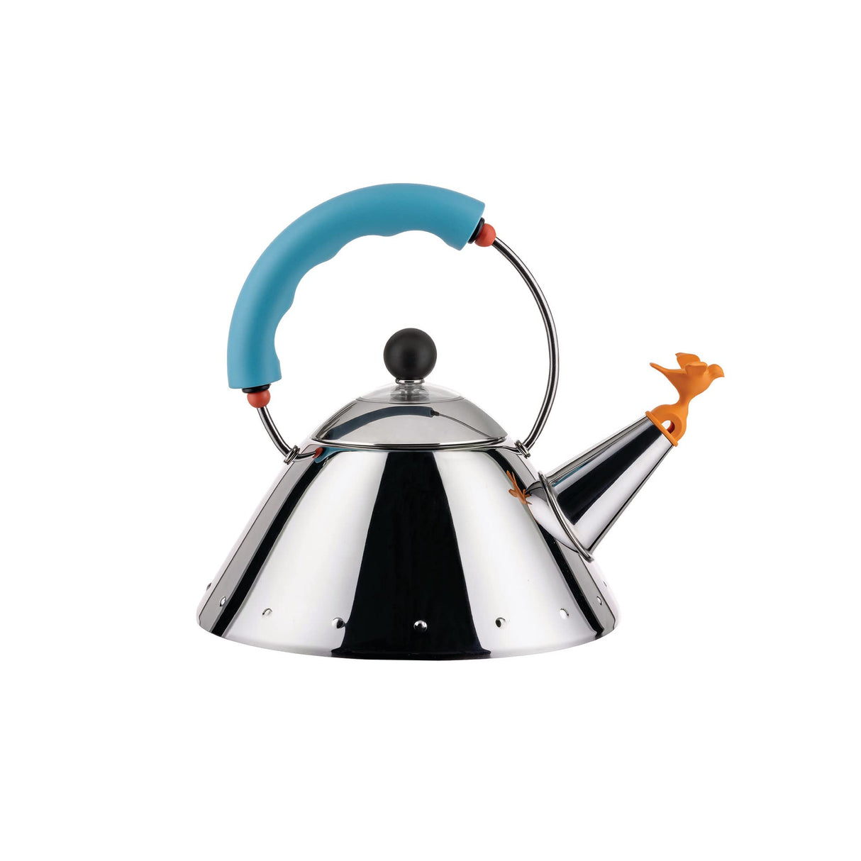 Alessi Kettle 9093/1 LAZ - Hervidor de Design, para la Cocción por Inducción, Fondo en Acero Inoxydable 18/10 Brillante con Mango y Chiflete en Forma de Pajarito en PA, Azul, 100cl