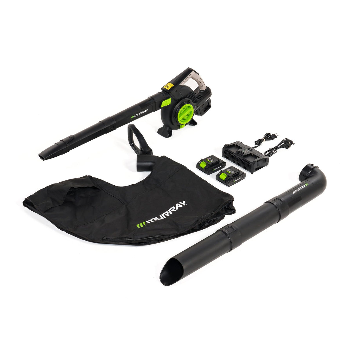 Murray Soplador y Aspirador de Hojas a Batería 20V 3 en 1 MU-BAT-VB270-KIT – Motor sin Escobillas, Control Inteligente, 4 Velocidades + Turbo, Bolsa de Polvo de 45L, Diseño de Montaje Rápido