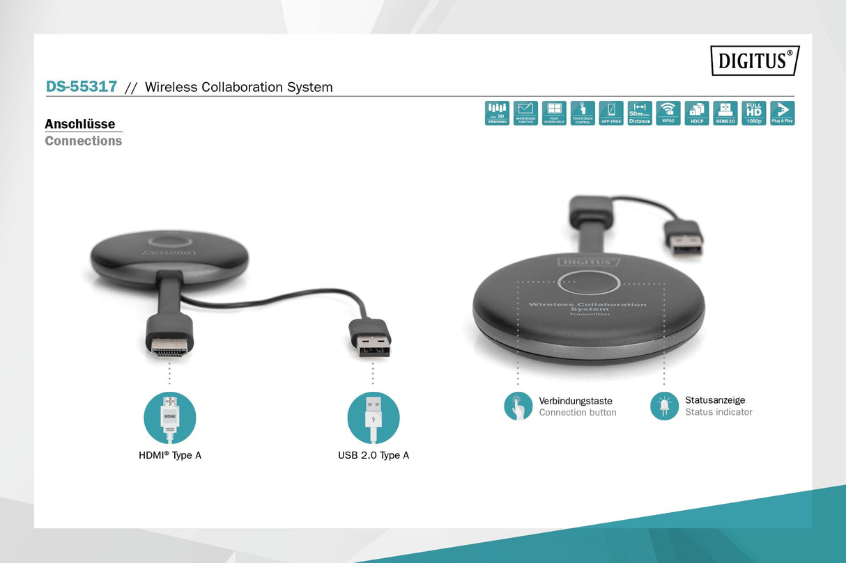 DIGITUS DS-55317 Click & Present Pro - Sistema inalámbrico de presentación y colaboración - BYOD: portátil, tableta, smartphone - No requiere aplicación/controlador - True Plug & Play - Negro