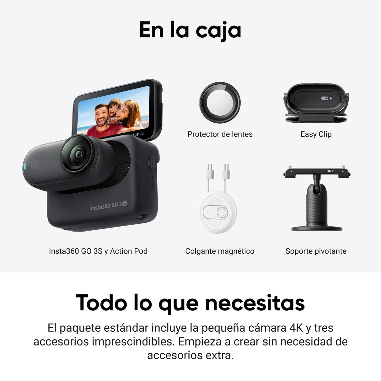 Insta360 GO 3S Negro (128GB) - Cámara Vlogging 4K, POV Manos Libres, Móntala Donde Quieras, Estabilización, 140 Min de batería, Impermeable 10 M, Edición IA, Apple Find My, Vlog, Viajes, Exteriores