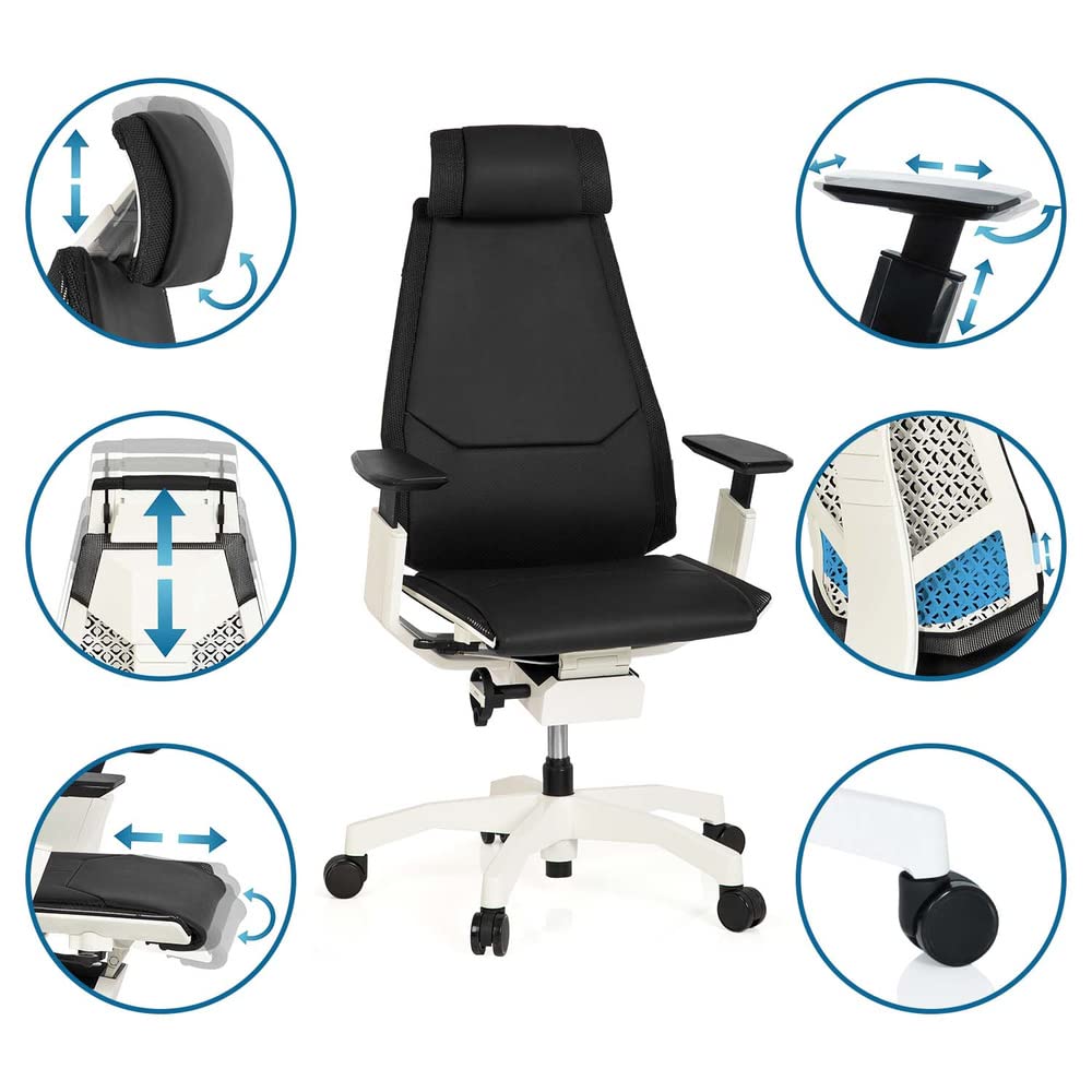 hjh OFFICE 652863 Silla de Oficina GENIDIA Pro White Cuero Negro, Silla ejecutiva ergonómica, reposabrazos y reposacabezas Ajustables