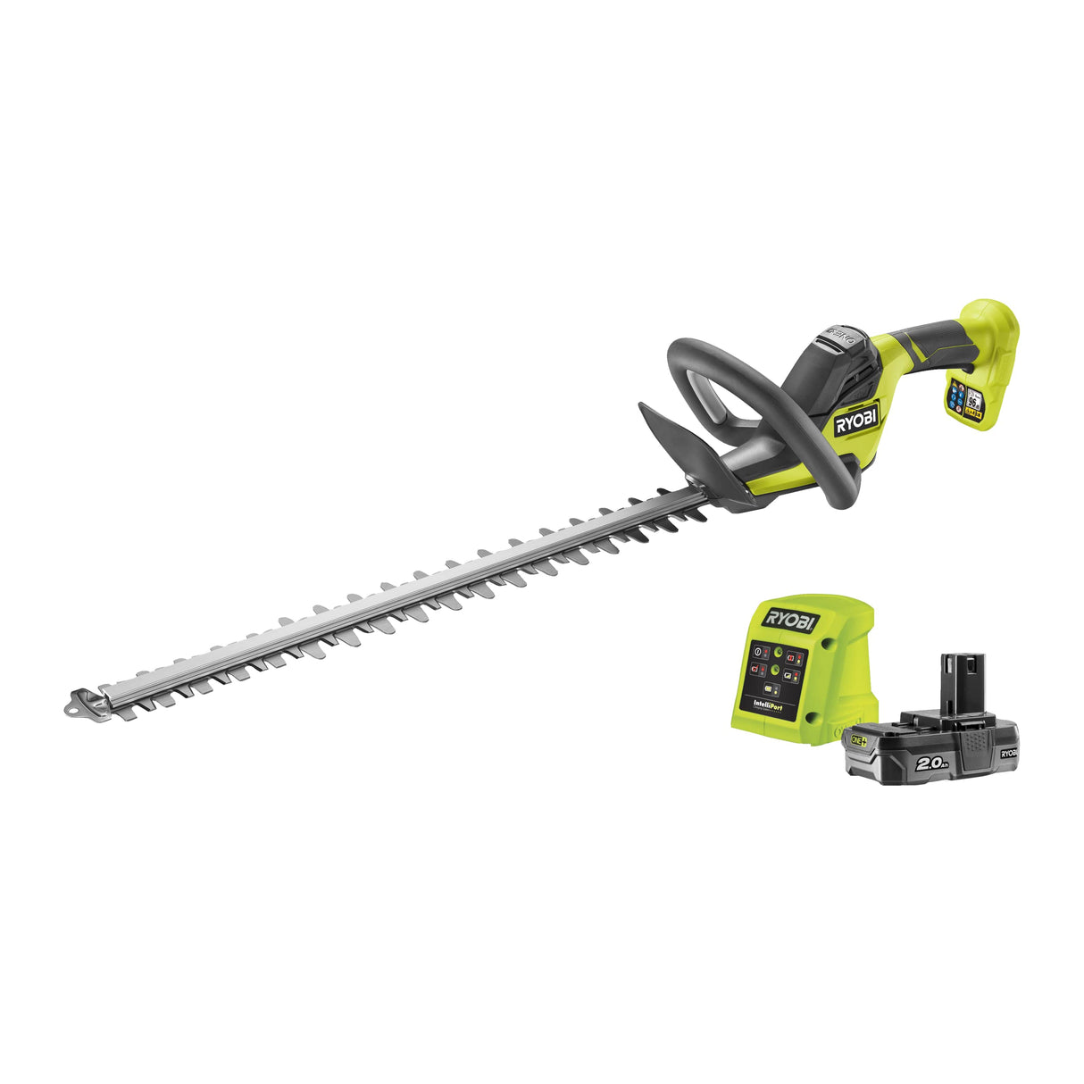 RYOBI - Cortasetos 18V One+ con Batería 18V One+ 2,0 Ah y Cargador 1,5A - Espada 55cm, Capacidad máx. 24mm, Velocidad 2700 RPM - Recogedor de Residuos HedgeSweep, Funda Protectora - RY18HT55A-120