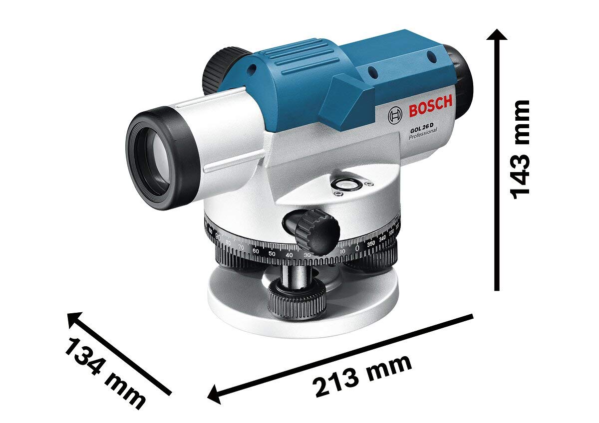 Bosch Professional Nivel Óptico GOL 26 D (aumento 26x, unidad de medida: 360 grados, alcance: hasta 100 m, regla graduada GR 500, trípode BT 160, en maletín de transporte)