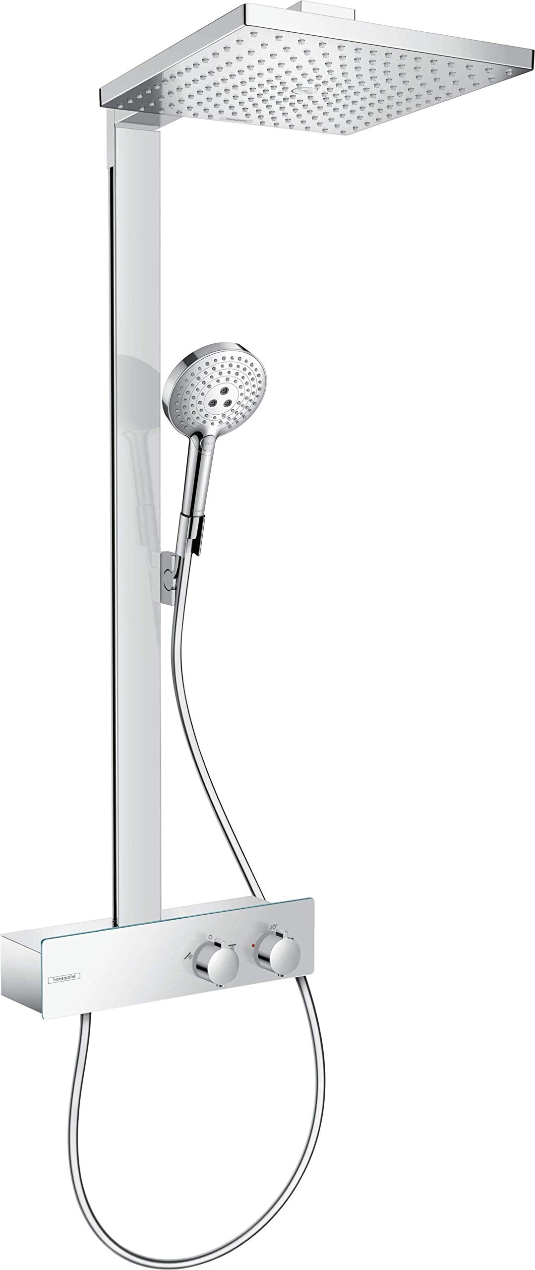 hansgrohe Raindance E - sistema de ducha ahorro de agua (EcoSmart) con termostato, ducha lluvia (300 x 300 mm) con grifo, ducha de mano, flexo, barra, ducha fija rectangular, cromo, 27362000