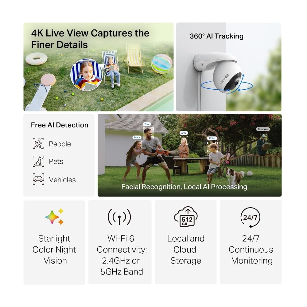 Tapo C560WS, Cámara de Seguridad Exterior Wi‑Fi 6 4K 8 MP, Pan/Tilt 360° AI, Visión Nocturna Color Starlight, Reconocimiento Facial, Zoom Digital 18×, Alarma Luz/Sonido, IP66, Audio Bidireccional