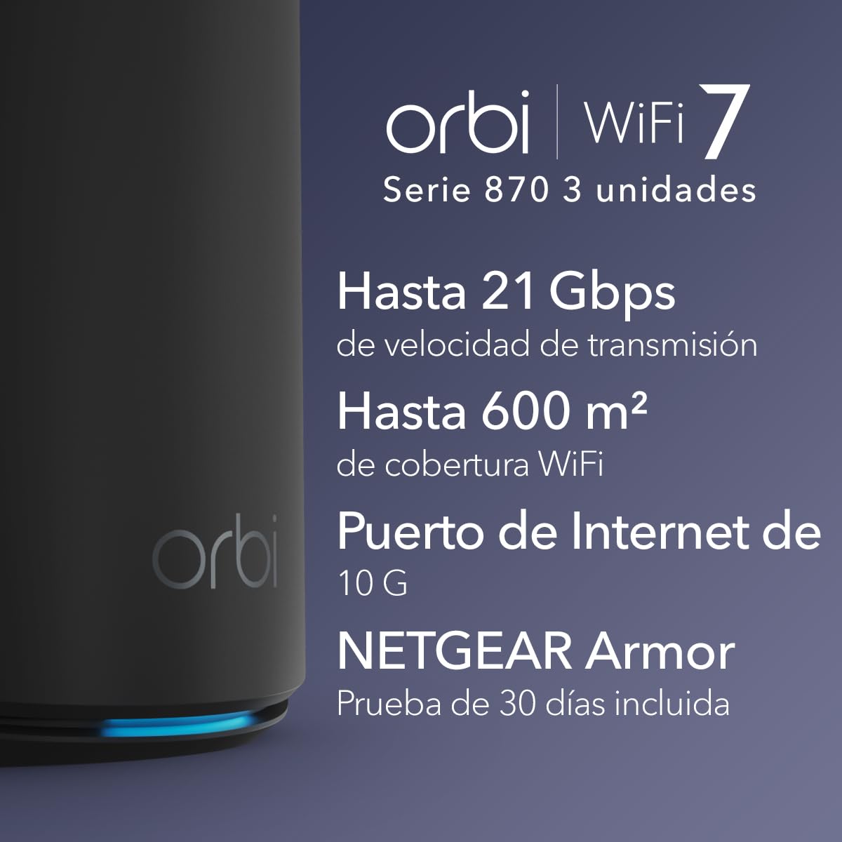 NETGEAR Orbi Mesh WiFi 7 Orbi Serie 870 (RBE873B), WiFi Mesh Router + 2 Extensores de Rango de satélite, Cobertura de hasta 600 m2, 150 Dispositivos, Puerto de Internet de 2.5 G, Negro