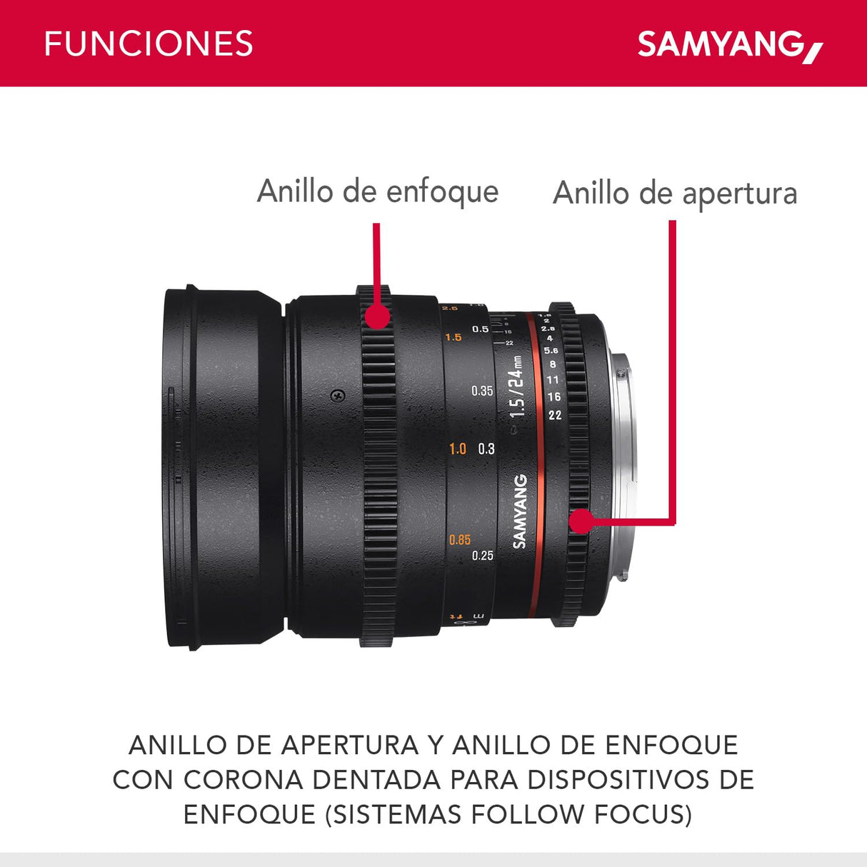 Samyang F1312801101 - Objetivo para vídeo VDSLR para Canon EF (Distancia Focal Fija 24mm, Apertura T1.5-22 ED AS IF UMC II, diámetro Filtro: 77mm), Negro