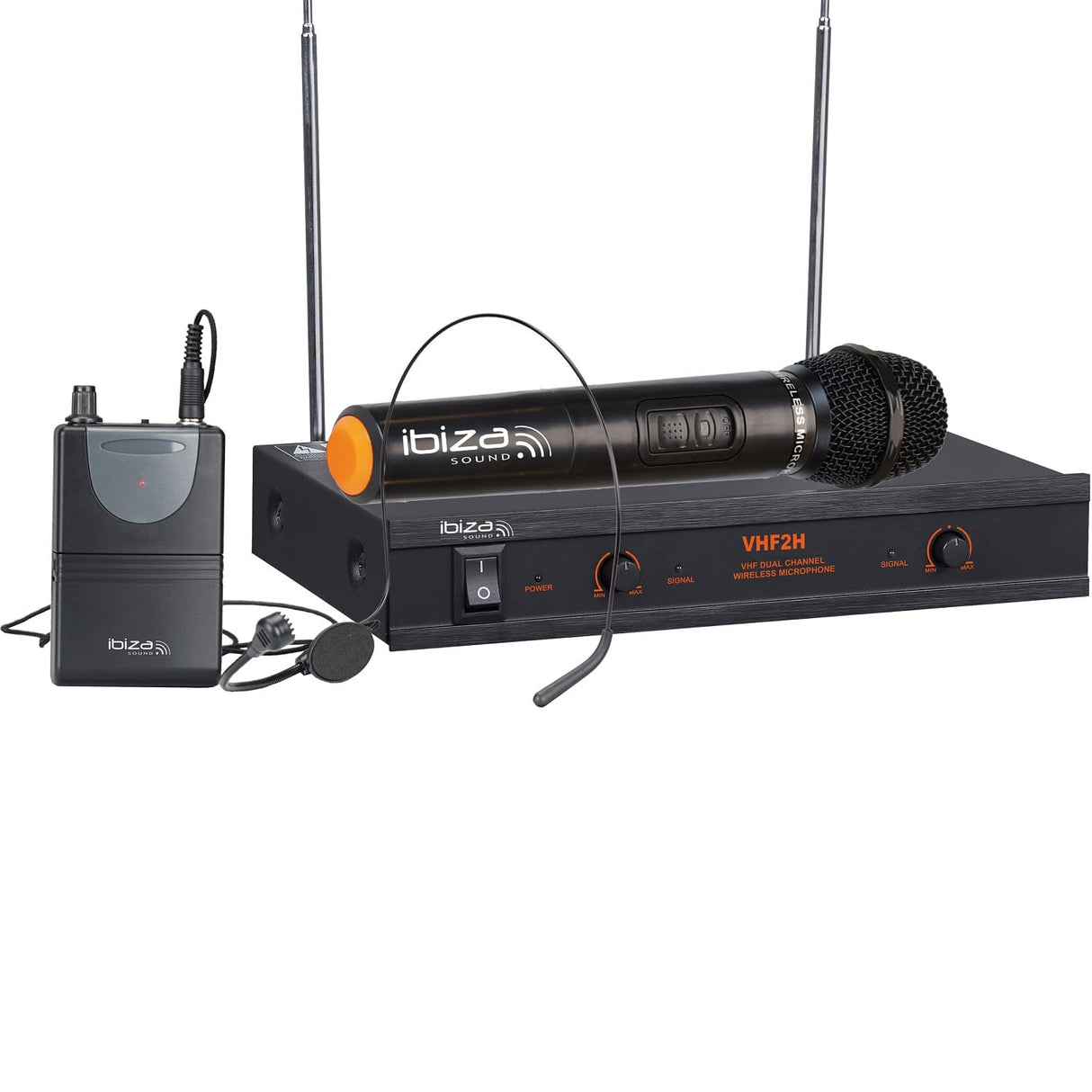 Ibiza - VHF2H - Sistema de microfonía inalámbrica con 1 micrófono de Mano VHF, 1 micrófono de Diadema VHF y 1 Receptor - 2 Canales 203.5 & 207.5MHz - Negro