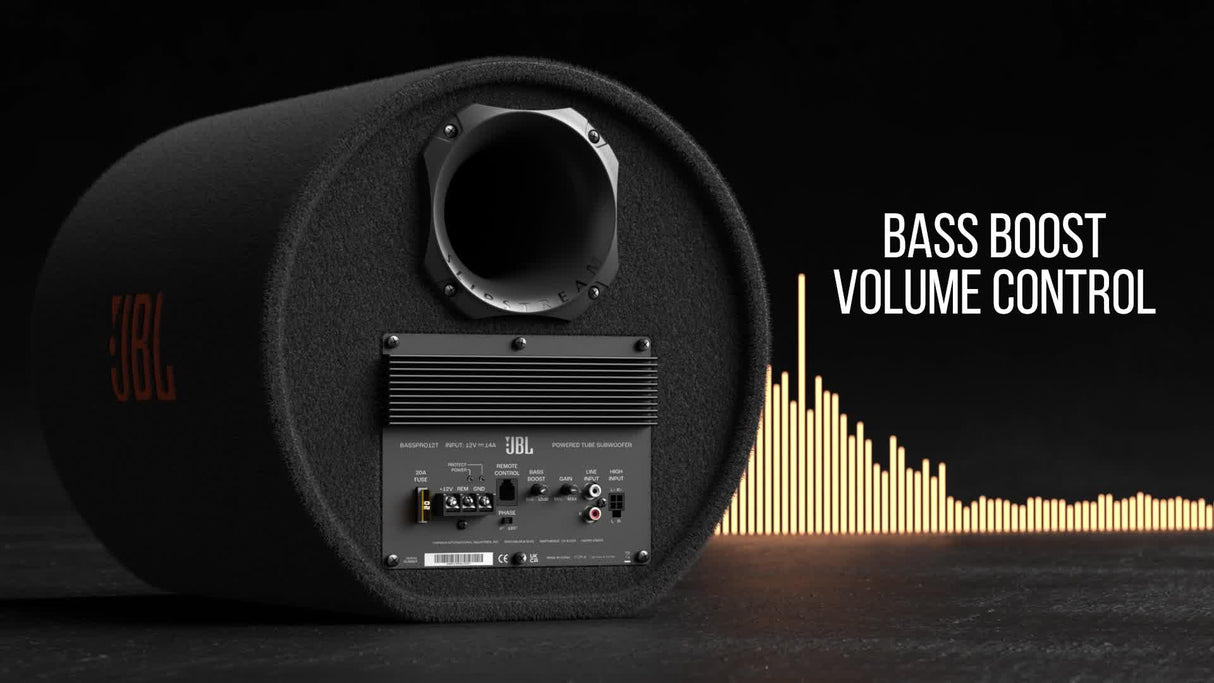 JBL BassPro Tube 12 Subwoofer Activo Coche de 30 cm, Bassbox de Tubo con Amplificador 450W máx de Clase D, Potente Amplificación de Graves, Puerto de Deslizamiento de Graves Bajos, Mando a Distancia