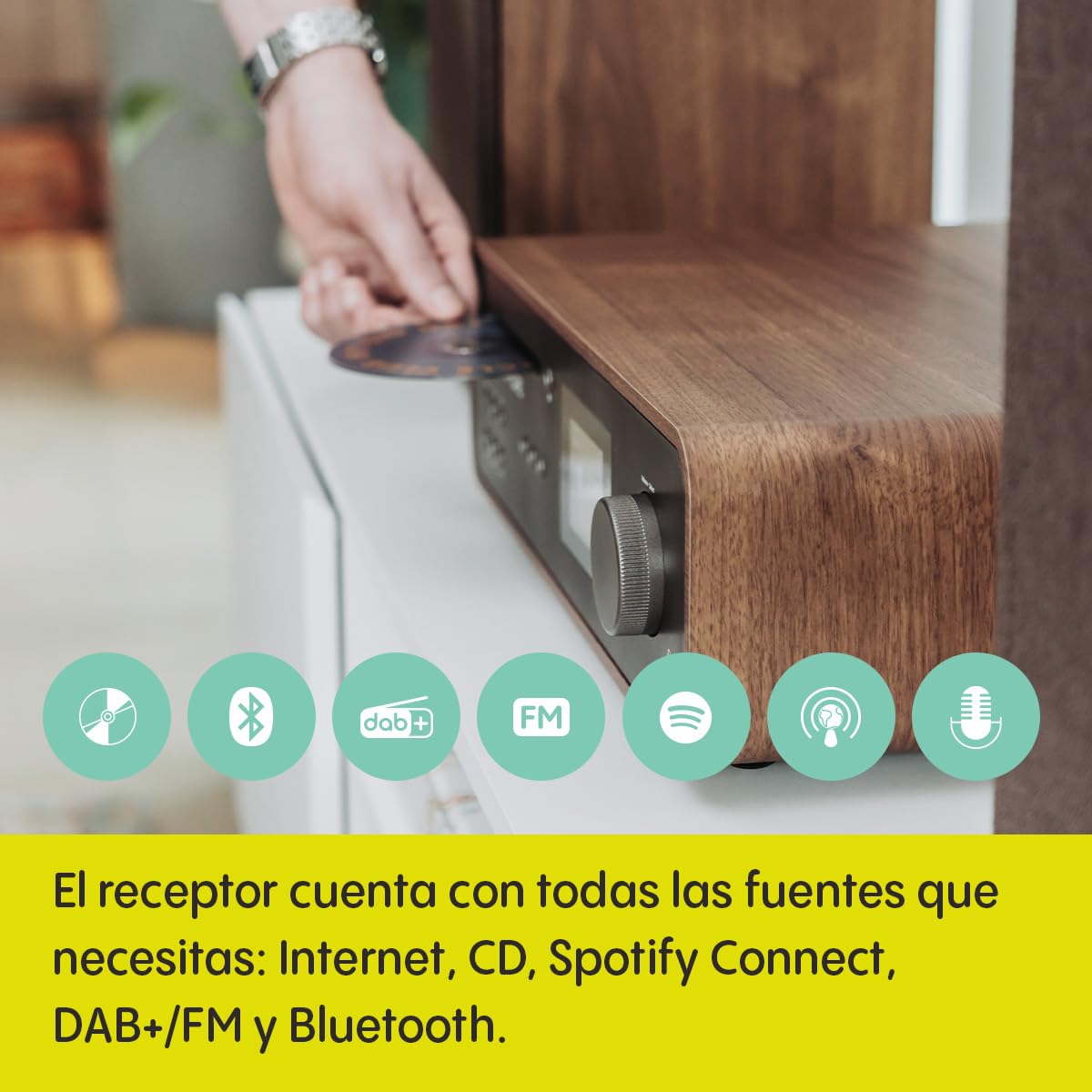 Sistema de música HiFi estéreo clásico - Radio Internet, Dab+/FM, Bluetooth 5.2, Reproductor de CD, USB, Spotify Connect, AUX, Entrada óptica, Sonido Estéreo 100W - Coffee Black/Walnut