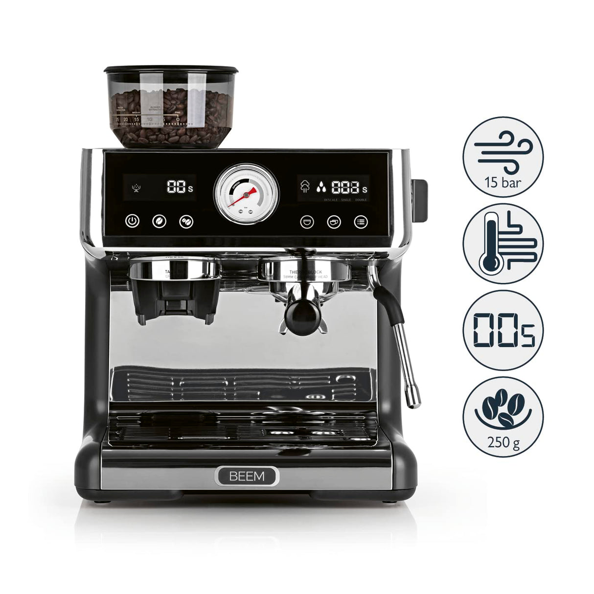 BEEM ESPRESSO-GRIND-EXPERT Colador Espresso Premium con Molinillo | 2 Termobloques para la Preparación simultánea de Espresso y Microespuma de Leche | Display de Extracción y Molido