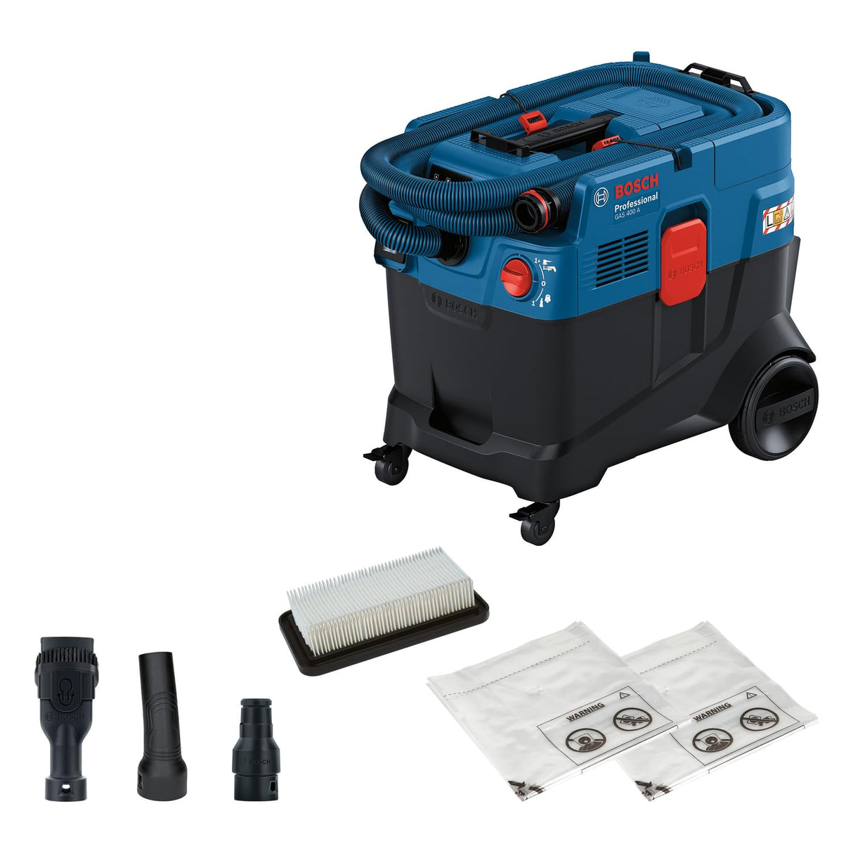 Bosch Professional aspirador universal GAS 400 A (1200 W, limpieza automática del filtro (AFC), con filtro principal, manguera, adaptador PT, tubo curvado, 2 bolsas de recogida de polvo)
