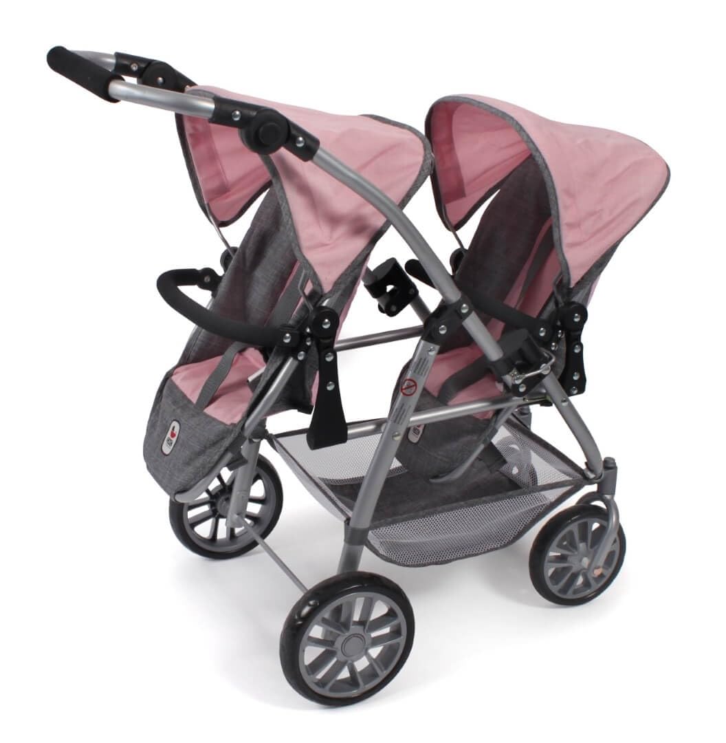 Tandembuggy Vario - Cochecito Doble para Dos muñecas, para niños de 4 a 8 años, Color Gris y Rosa