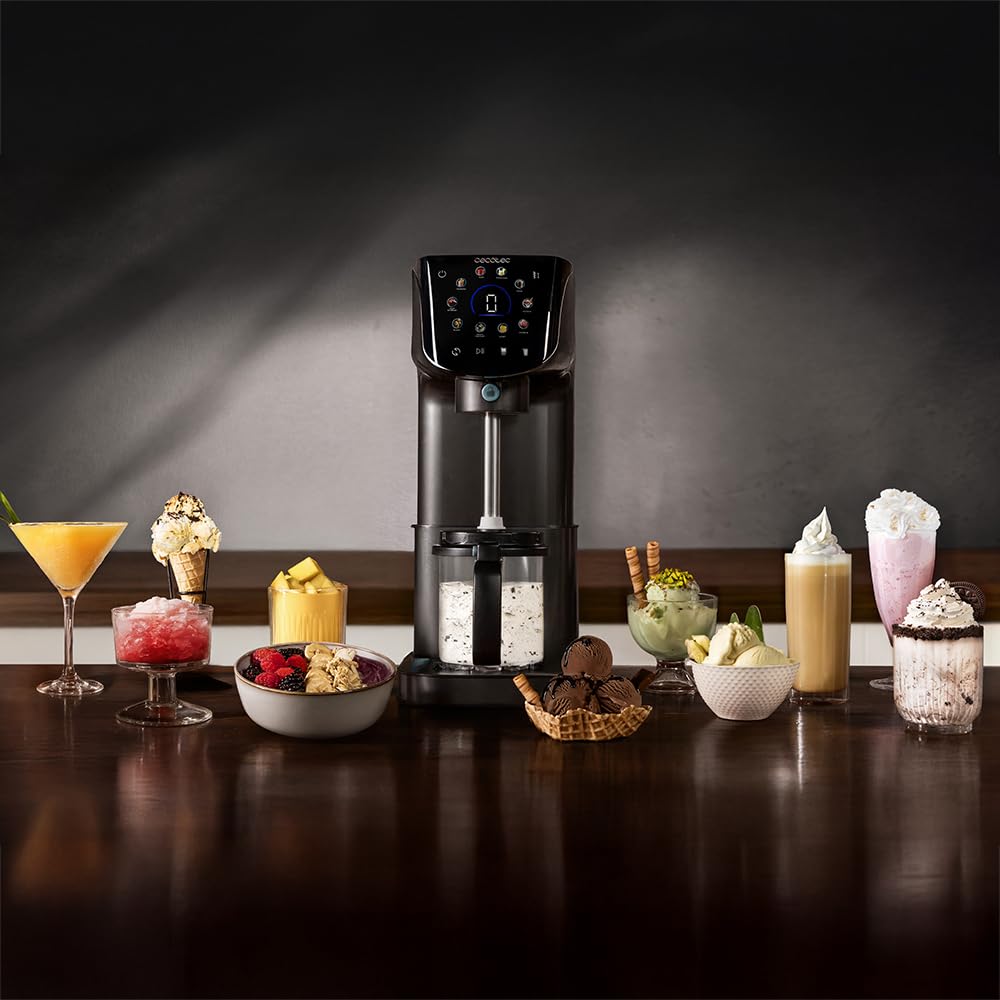 Cecotec Heladera Multifunción Capacidad 2,1L, 3 Tarrinas, Gelatec 2100. 500W, 11 Programas de Helado y Bebidas Granizadas, Tecnología CreamOn y Re-spin, Pantalla Táctil, Incluye Recetario Digital