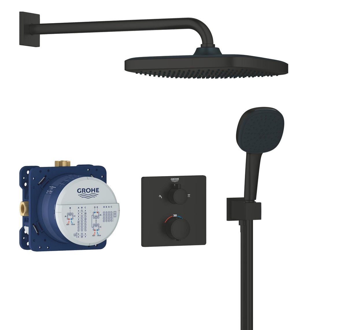 GROHE Precision Quickfix-Conjunto de ducha mural Vitalio Comfort 250 ( con ducha mural 9.5 l/min, teleducha con 2 chorros, codo de ducha de 1/2" y flexo de 150 m), Negro Mate 348822430