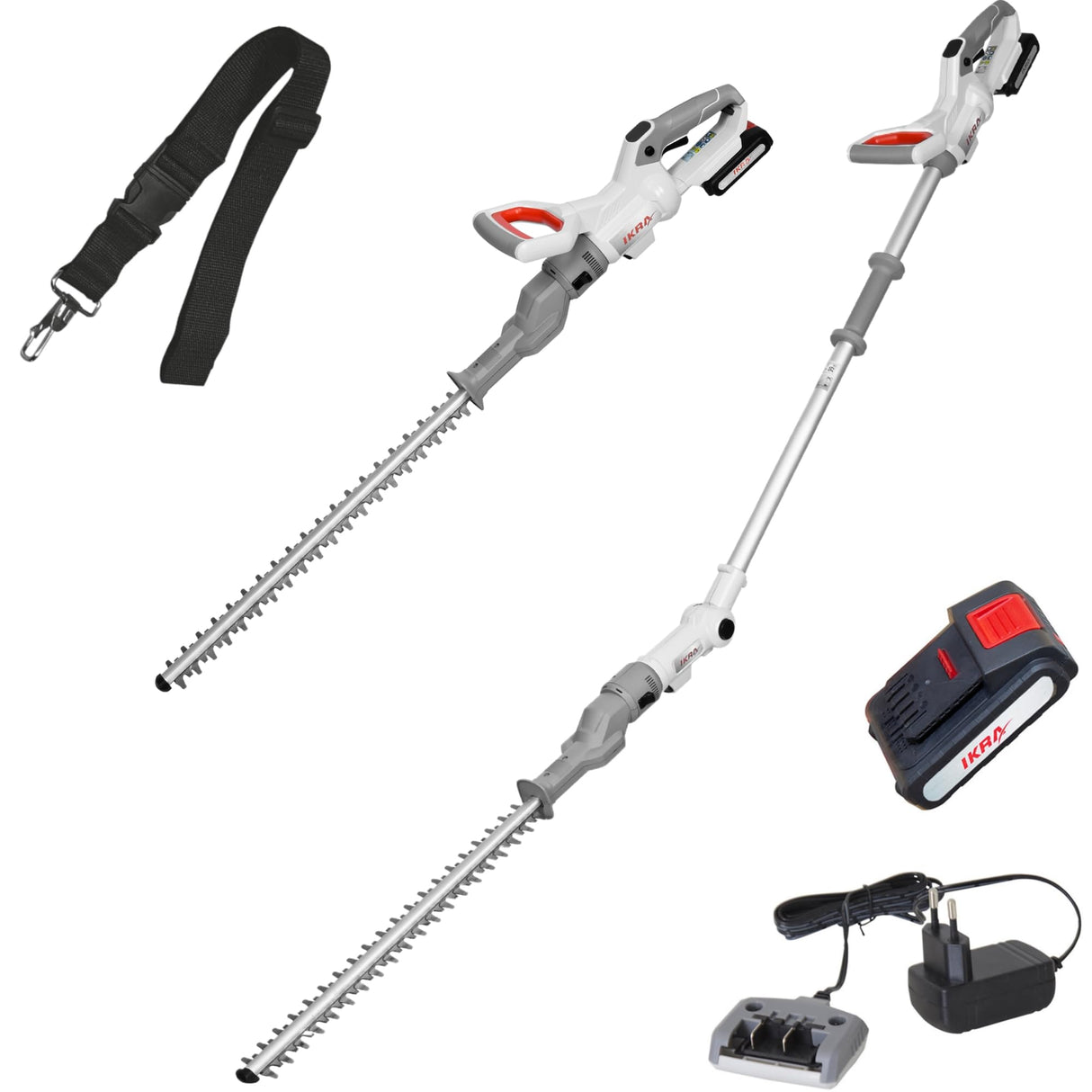 IKRA Tijeras Cortasetos 2 en 1 ICPH 2050 con pértiga telescópica para setos Altos, Incl. batería de 20V, estación de Carga y Cinta de Hombro