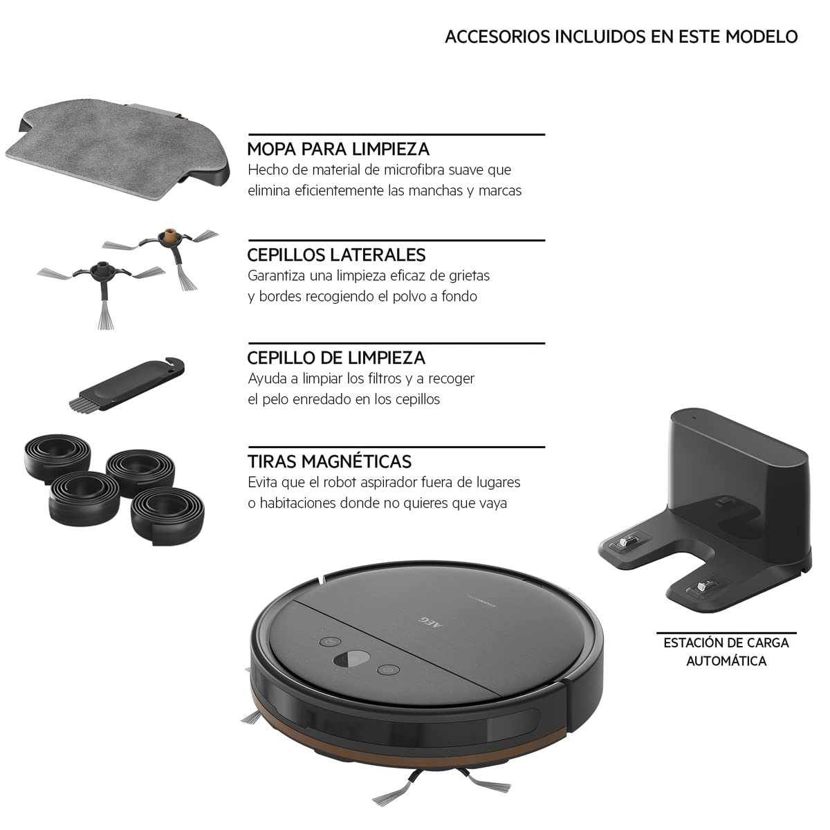 AEG AR61UW1DG - Robot Aspirador, Giroscopio + Cámara, Función Mopa, 14,4V, Autonomía 120 min, Deposito Agua 0,25L, Potencia 2600 Pa, App iOS/Android, Cepillo Motorizado, Base de Carga, Color Gris