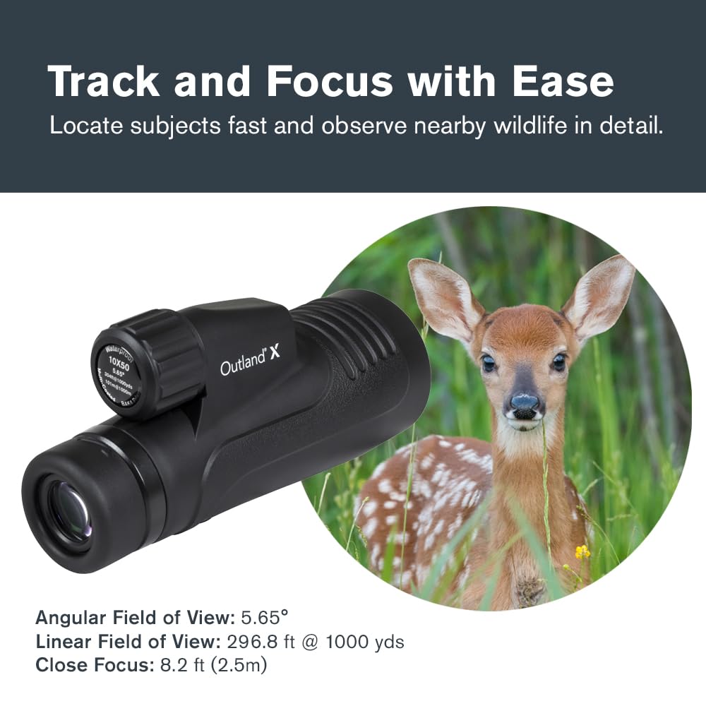 Celestron 72370 Outland X Monocular Resistente Agua 10x50 y Adaptador Smartphone, Bluetooth Remoto, Tapas oculares y Funda - Carcasa Resistente, Prisma BaK-4 y óptica Revestimiento múltiple, Negro