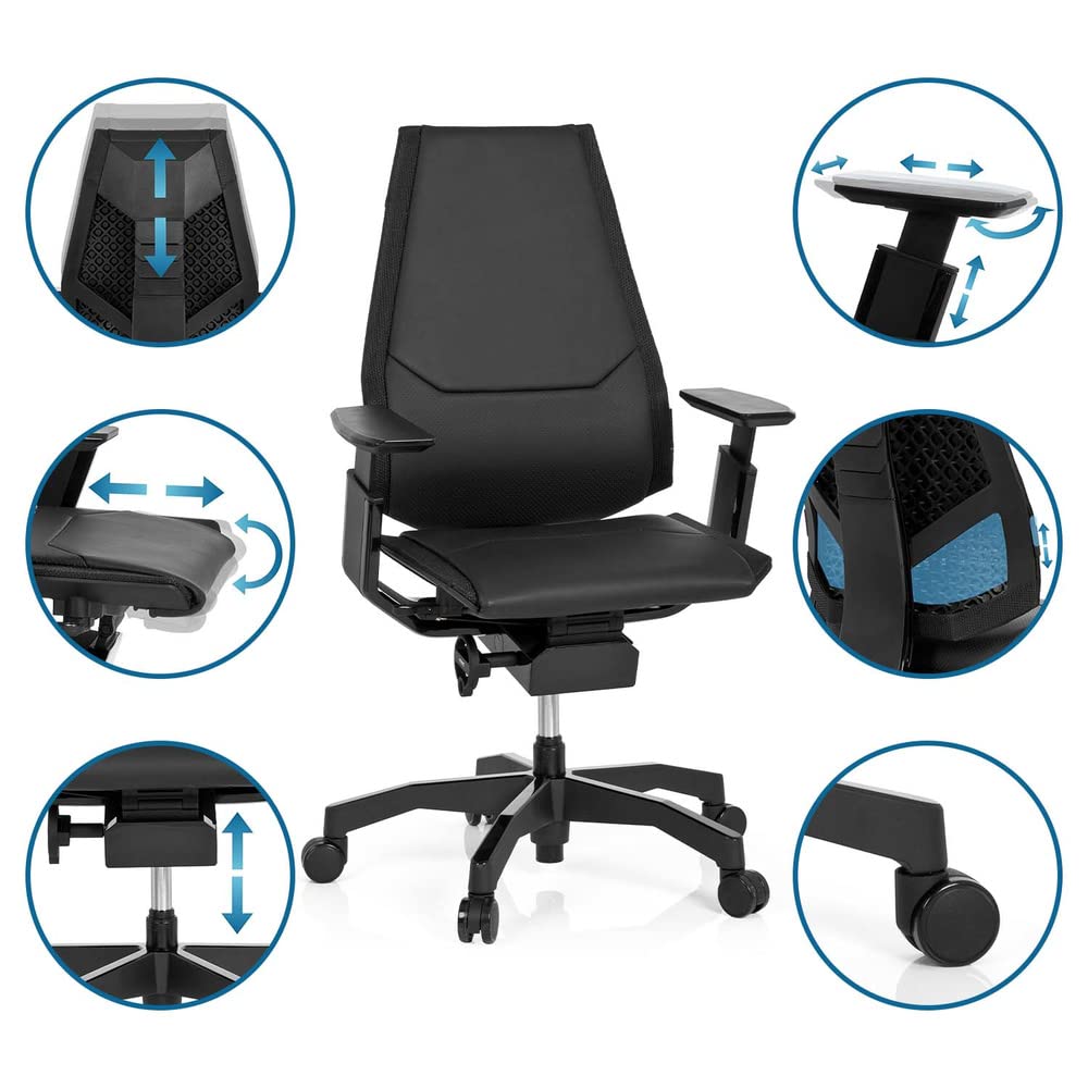 hjh OFFICE 652851 Silla de Oficina GENIDIA Black Cuero Negro, Silla Ejecutivo, Silla giratoria ergonómica, Respaldo Ajustable
