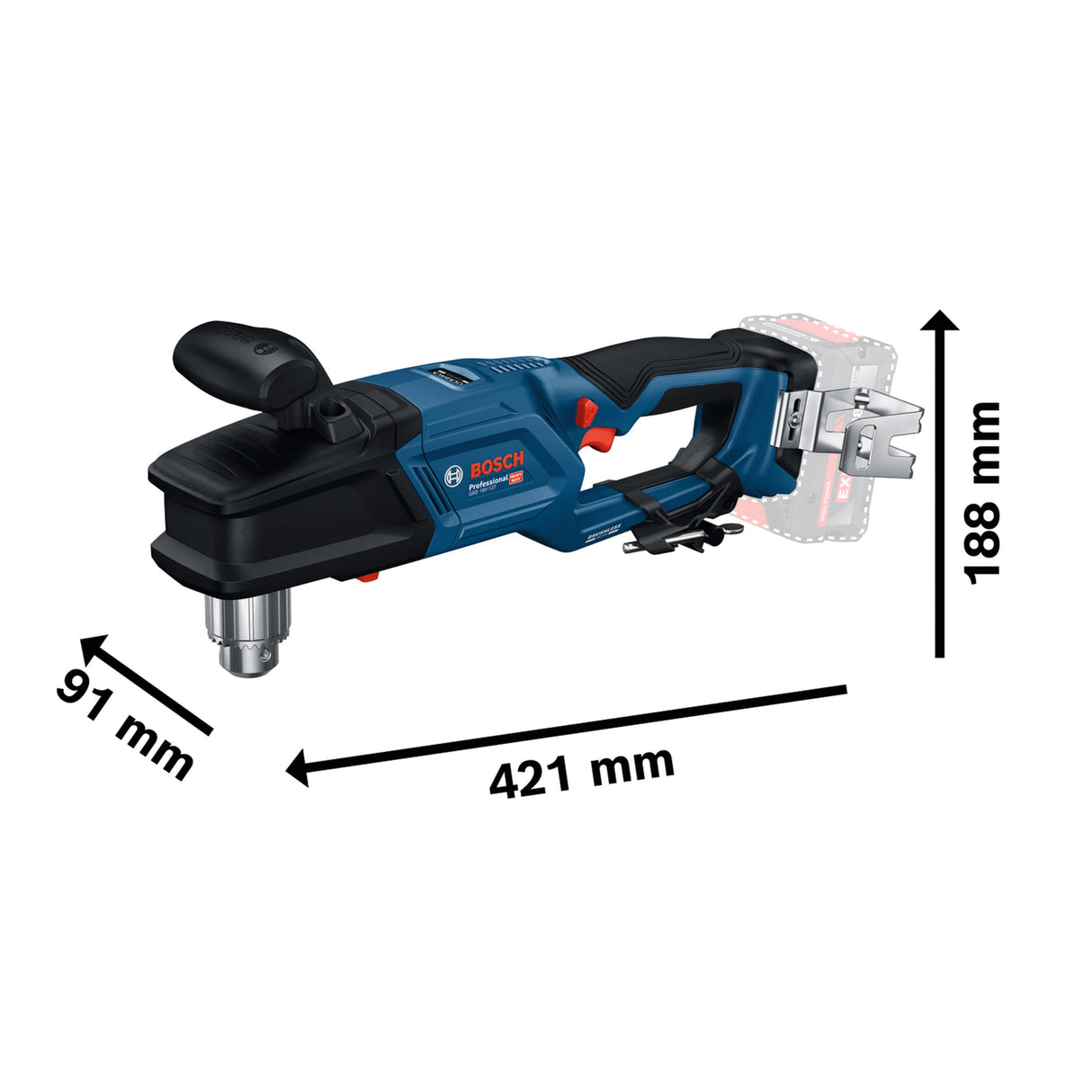 Taladro de ángulo recto a batería GRD 18V-127 con Bosch Professional 18V System (par suave de 65 Nm, motor Brushless sin escobillas, 2 velocidades: desbaste rápido 1800 rpm, lento 550 rpm)