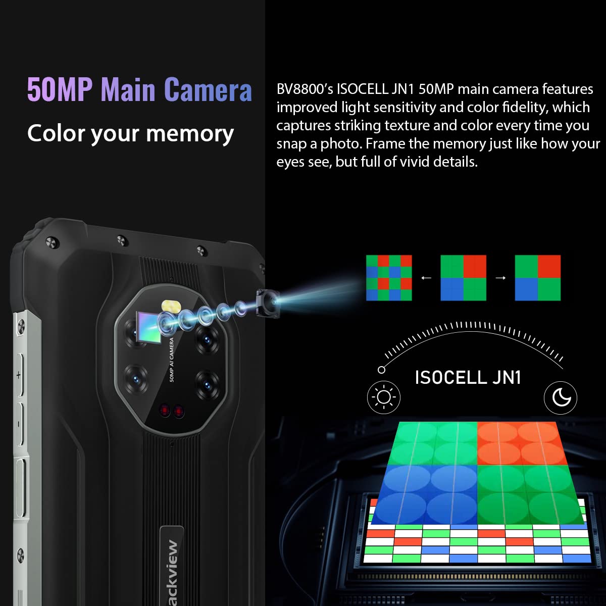 Blackview - Smartphone irrompible BV8800, 6,58 Pulgadas, 90 Hz, FHD+, AI 50 MP, Cuatro cámaras de visión Nocturna, Helio G96 8 GB + 128 GB, batería 8380 mAh, IP68 teléfono móvil Impermeable Android