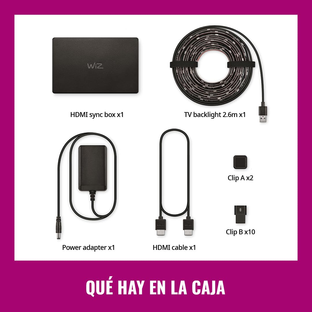 WiZ HDMI Sync Box con retroiluminación de TV - Sincroniza la luz con tus películas, juegos y música - HDMI 2.0 - Soporta 4K a 60Hz - Tira LED RGBIC para televisores de 55«-65» - Control por App/Voz