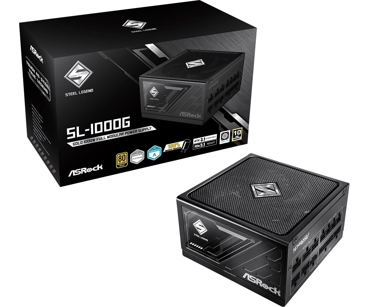 Fuente ALIMENTACION ASROCK SL-1000GW,PSU,1000W,80 Plus Gold,135MM,Modular,PCI-E 5.1 (12+4pin) x1,PCI-E (6+2 Pin) x3,SATA (5 Pin) x9 (Blanca)