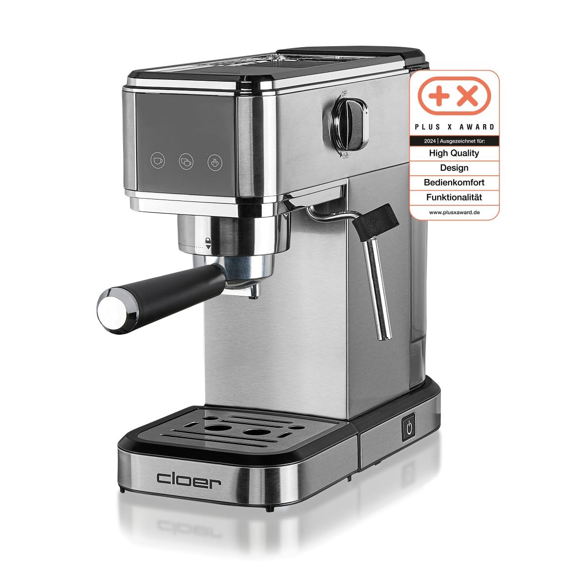 Cloer 5829 Máquina de café espresso, Cafeterea espresso con espumador de leche, 20 bares, 1350W, Diseño delgado, 1-2 tazas espressos, cappuccinos, latte macchiato, Apagado de seguridad