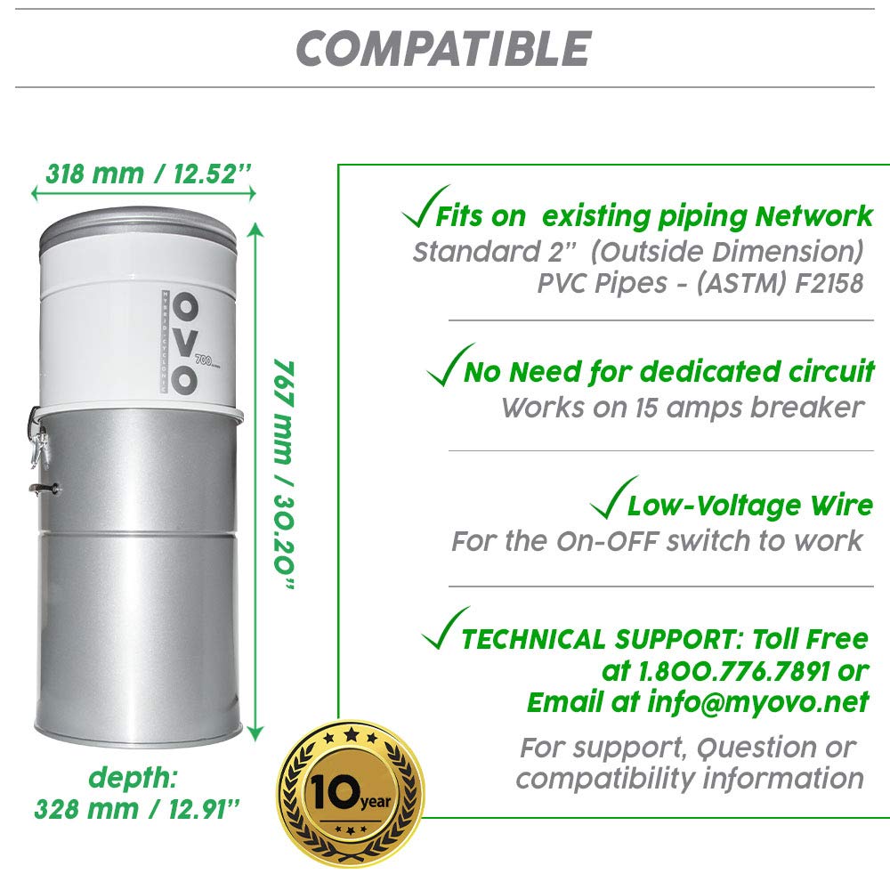OVO 700 Airwatts-Sistema de vacío Central de Alta Resistencia, filtración híbrida (con o sin Bolsas Desechables) Cubo de Polvo de Carga Inferior de 35 L o 9.25 galones, Blanco
