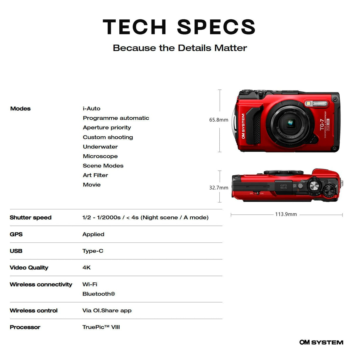 OM System Tough TG-7 Cámara subacuática roja, Impermeable, a Prueba de congelación, Alta resolución Brillante, Video 4K 44x Macro Disparo