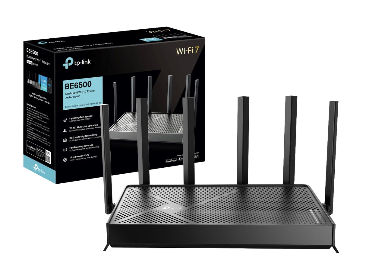 TP-Link Archer BE400 - Router WiFi 7 Doble Banda 6500Mbps, 2.5G WAN/LAN, Cobertura Maxima 6 Antenas Externas con Tecnología MLO, EasyMesh, Beamforming, Control App
