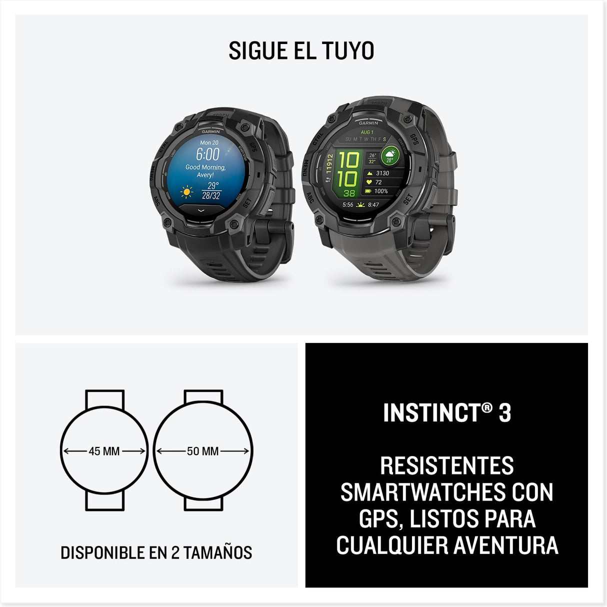 Garmin Instinct 3, Reloj inteligente con GPS, Pantalla AMOLED de 45 mm, Resistente al agua, Aplicaciones deportivas integradas, Monitorización de la salud, Linterna LED, Hasta 18 días autonomía, Negro