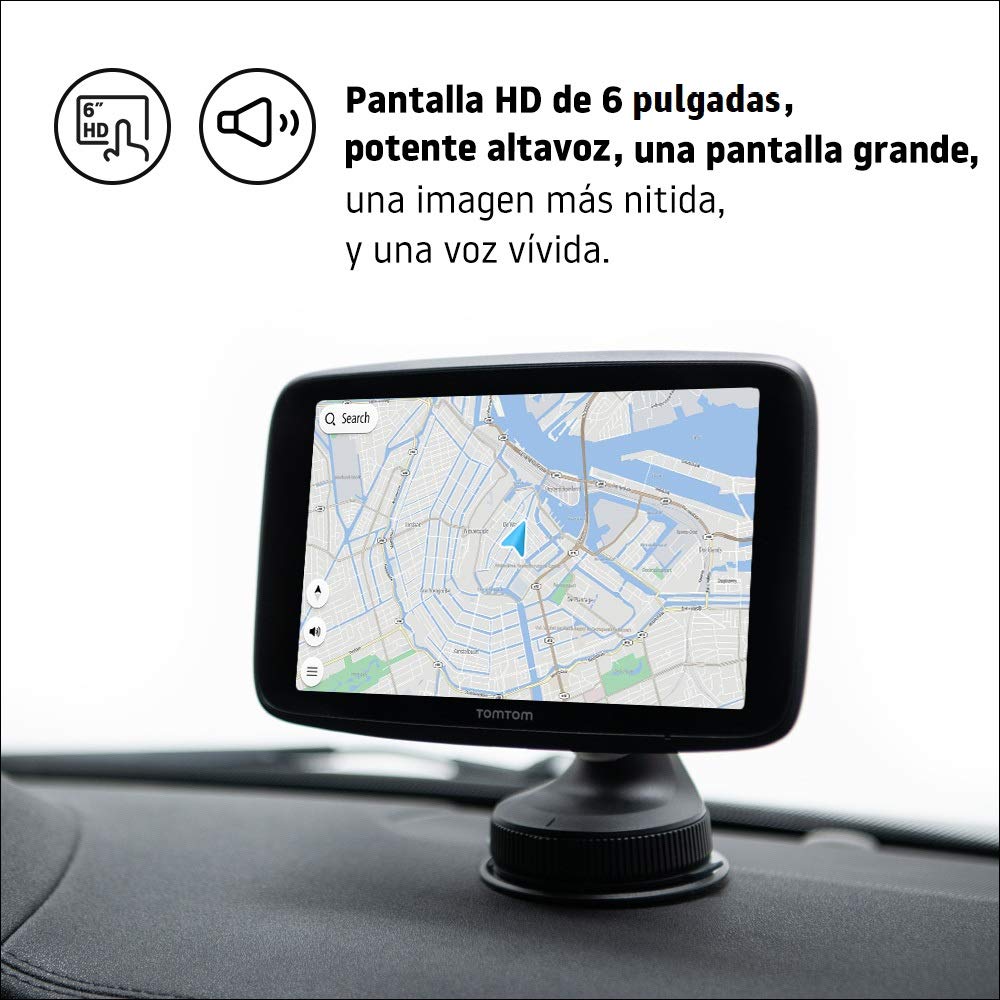 TomTom GPS para coche GO Discover, 6 pulgadas, con tráfico y radares, mapas del mundo, actualizaciones rápidas via WiFi, disponibilidad de parking, precios de combustible, soporte Click-Drive