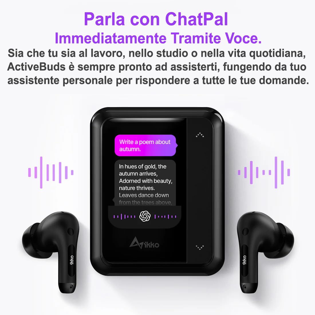 Auriculares inalámbricos TWS AI Smart Ikko Active Buds: Auriculares con cancelación de Ruido, conexión Bluetooth, función traductor instantáneo, 4G SIM, WiFi, hasta 30 Horas de autonomía, ChatGPT